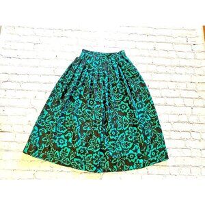 Rodier Skirt Sz 36 Fits XXS Vintage Black Green‎ Floral Pocket Pleated Long Midi